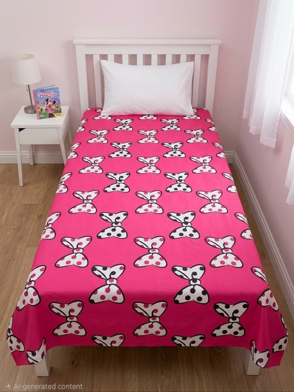 Disney Hot Pink Minnie Pink Bow Pattern Twin Flat Sheelĺt Cover 100in×65in